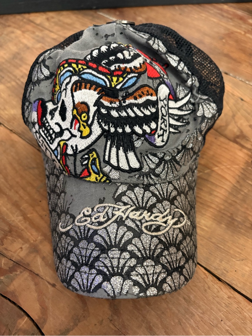 Ed Hardy | Gray & Black Distressed Glitter Trucker Hat with Colorful Skull